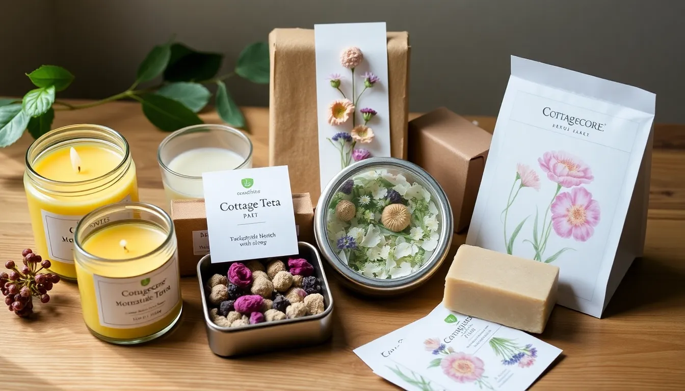 Cottagecore gifts under $15 including beeswax candles, pressed flower bookmarks, herbal tea, and natural soap