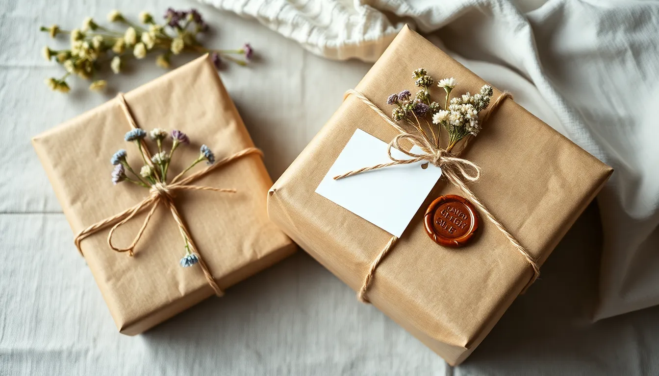 Beautiful cottagecore gift wrapping with brown kraft paper, twine, dried flowers, and wax seals